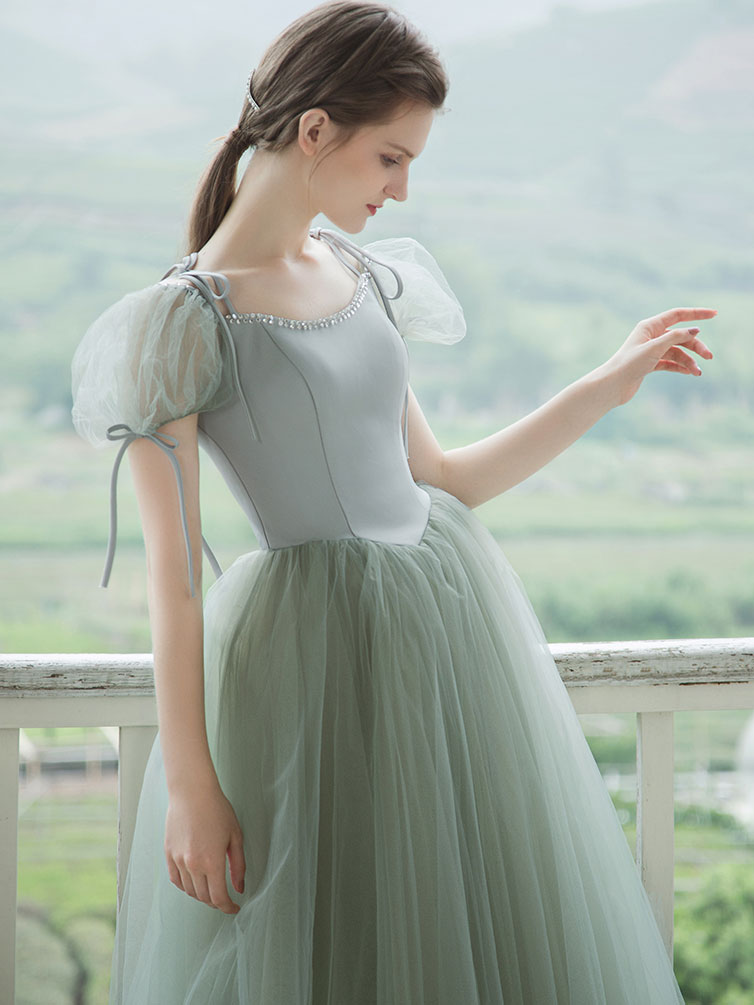 A-Line Square Neck Floor-Length Sage Green Tulle Prom Dress with Puff Sleeves