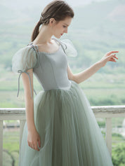 A-Line Square Neck Floor-Length Sage Green Tulle Prom Dress with Puff Sleeves