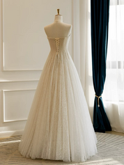 A-Line Strapless Floor-Length Tulle Sequin Prom Dress with Subtle Shimmer Texture