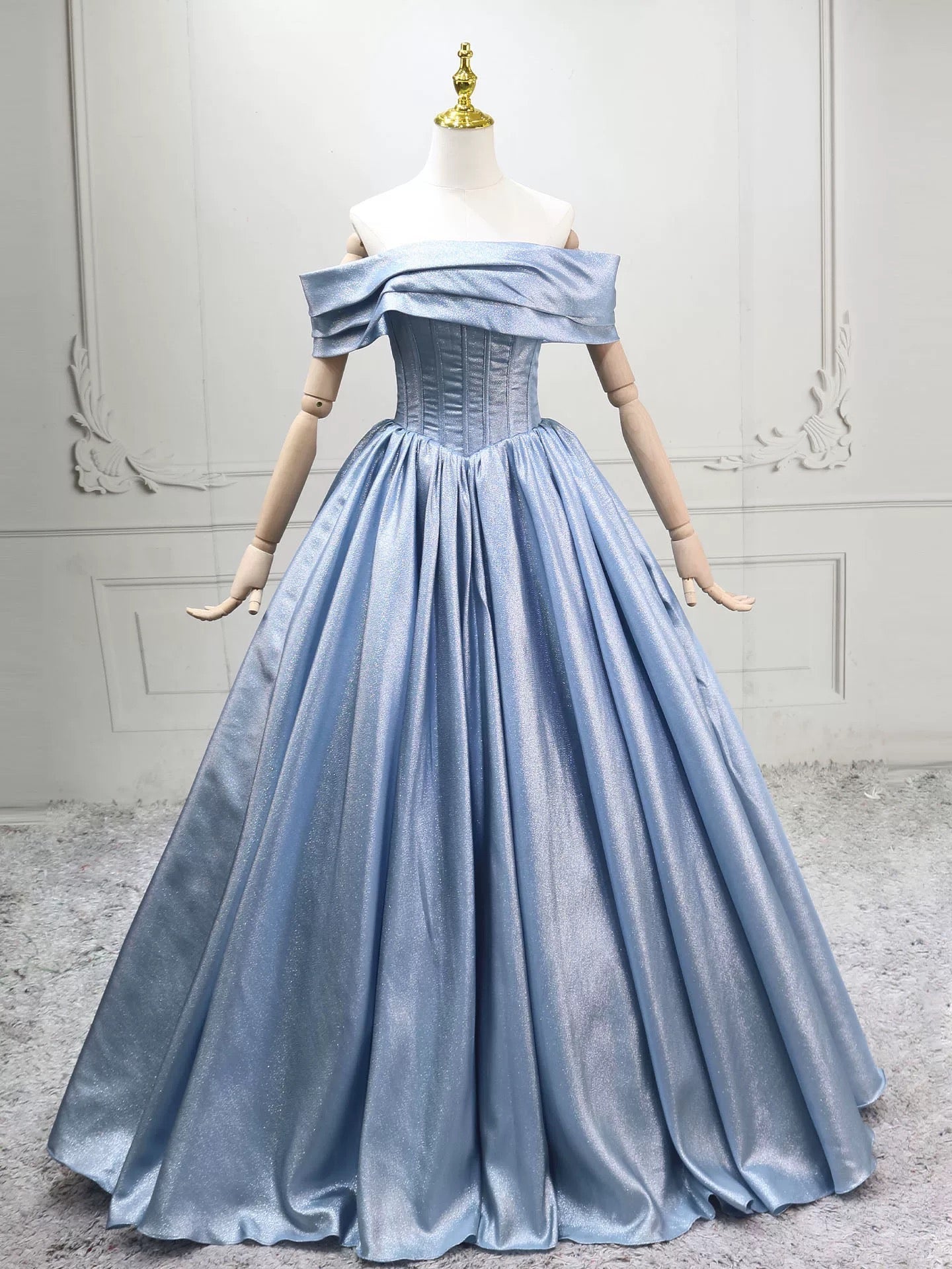 A-Line Off Shoulder Satin Blue Long Prom Dress with Lace-Up Back