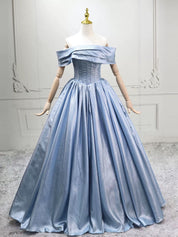 A-Line Off Shoulder Satin Blue Long Prom Dress with Lace-Up Back