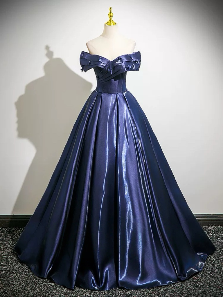 Off-Shoulder Navy Satin Ball Gown Prom Dress with Corset Bodice