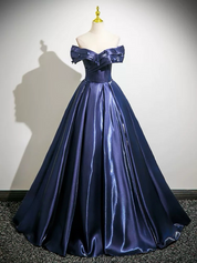 Off-Shoulder Navy Satin Ball Gown Prom Dress with Corset Bodice