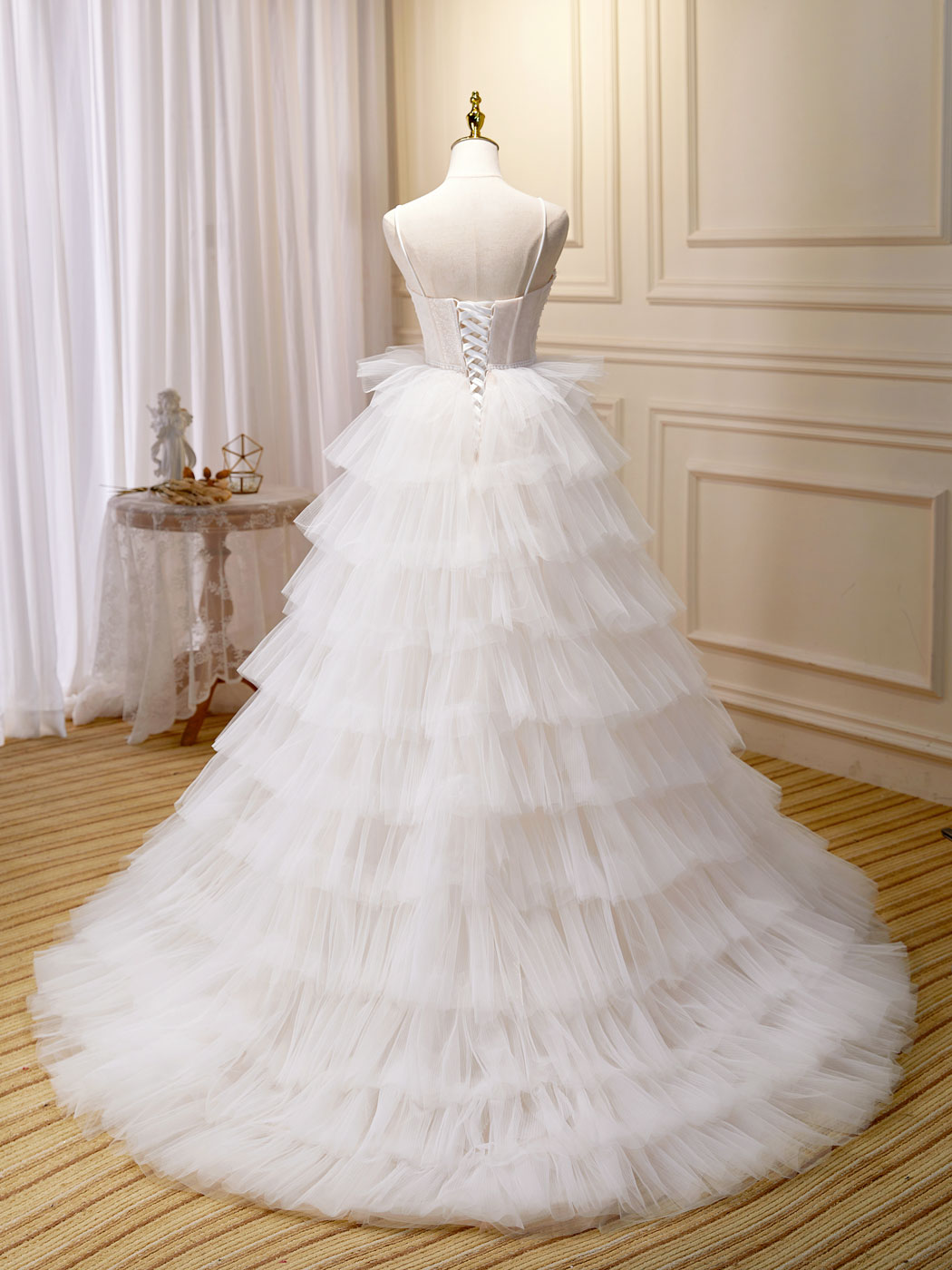 Ball Gown Sweetheart Spaghetti Straps Floor-Length White Tulle Prom Dress with Tiered Ruffle Skirt