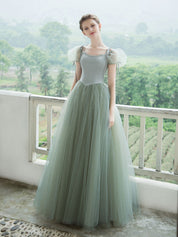 A-Line Square Neck Floor-Length Sage Green Tulle Prom Dress with Puff Sleeves