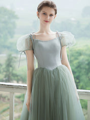 A-Line Square Neck Floor-Length Sage Green Tulle Prom Dress with Puff Sleeves