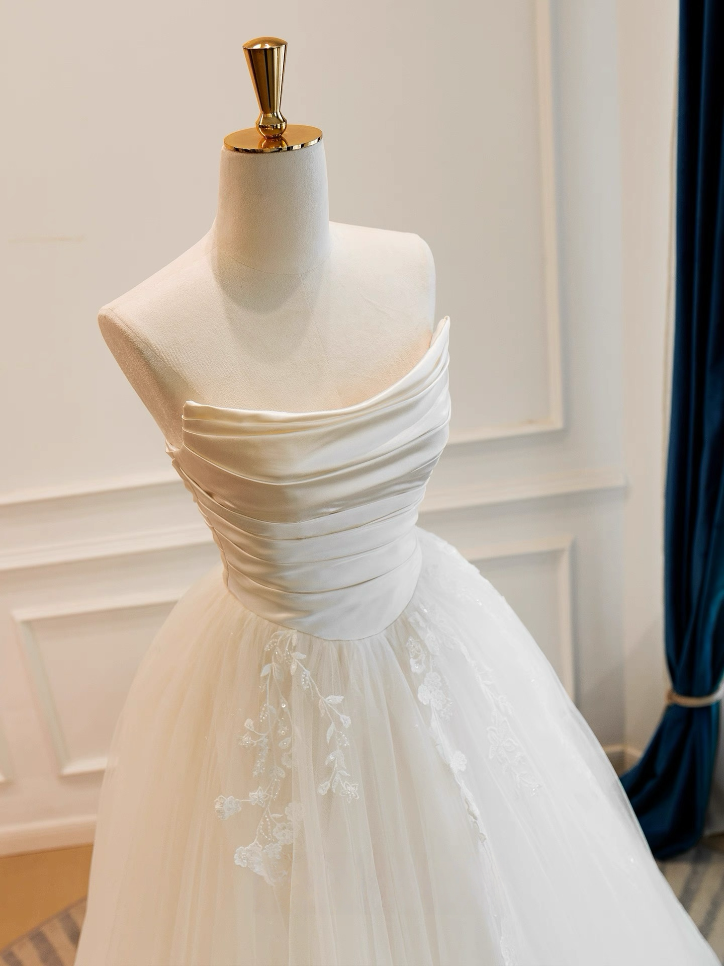 A-Line Satin & Tulle Ivory Long Prom Dress with Romantic Flowing Skirt