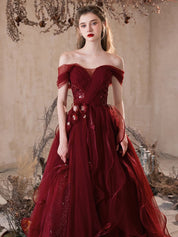 A-Line Sweetheart Neck Floor-Length Tulle Burgundy Prom Dress with Layered Skirt and Floral Accents