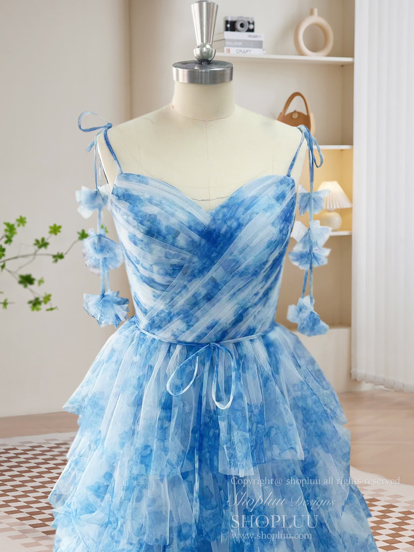 A-Line Sweetheart Neckline Floor-Length Blue Tulle Tiered Prom Dress