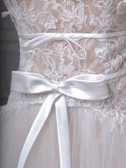 Ivory A-Line Square Neck Floor-Length Tulle Prom Dress with Lace Bodice & Ribbon Waist