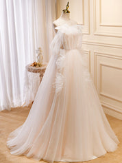 A-Line Off-the-Shoulder Floor-Length Ivory Tulle Prom Dress with Sheer Lace Corset Bodice