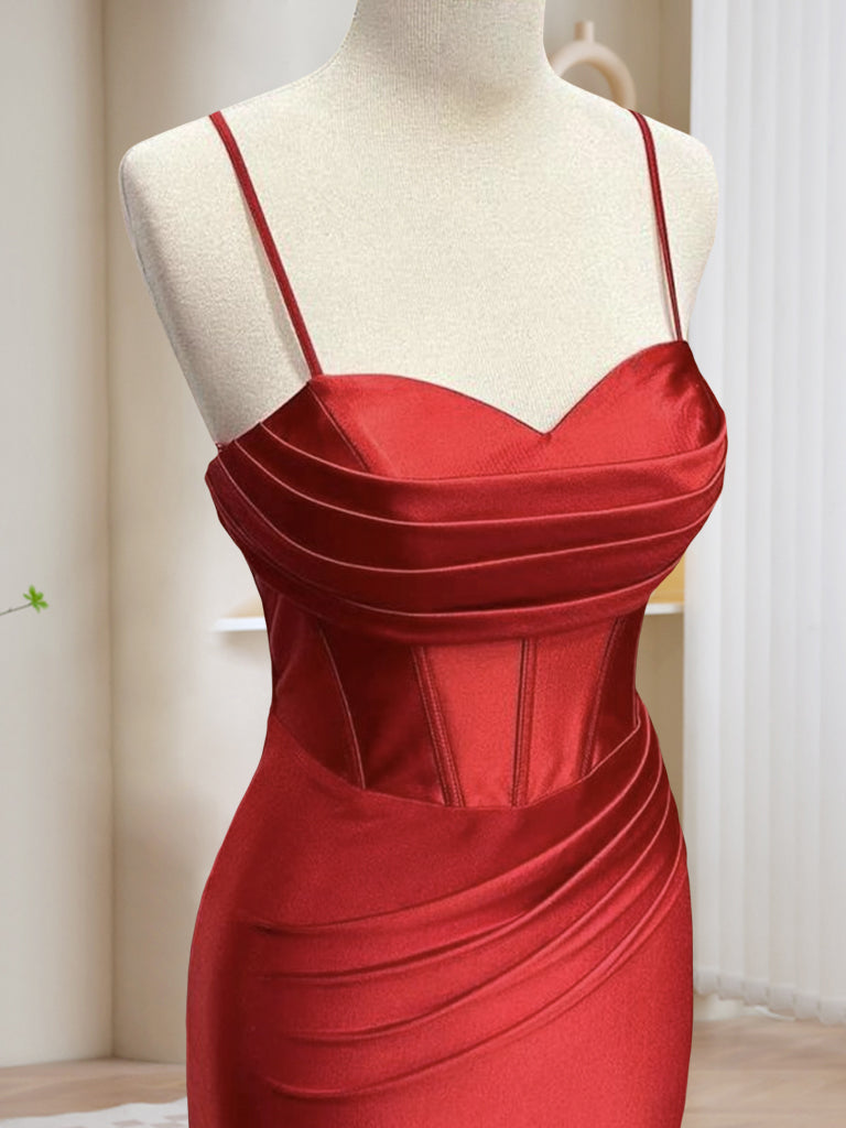 Simple Sweetheart Neck Satin Mermaid Burgundy Long Prom Dress, Burgundy Evening Dress