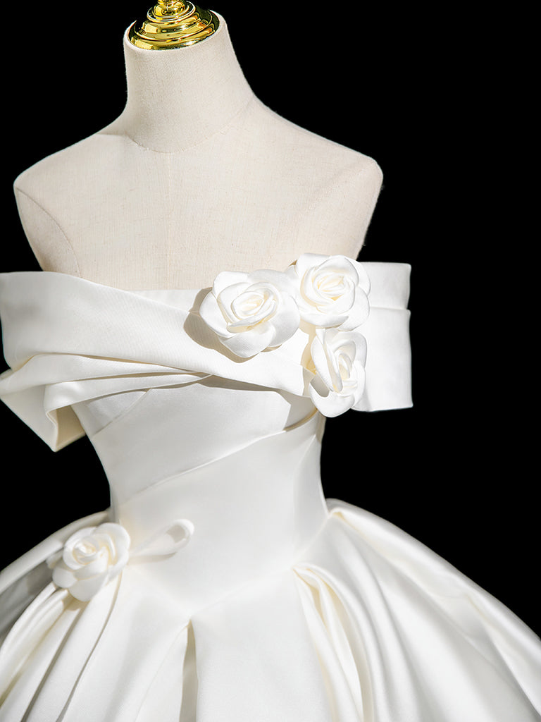 A-Line Off Shoulder Satin White Long Prom Dress, White Long Formal Dress