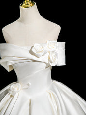 A-Line Off Shoulder Satin White Long Prom Dress, White Long Formal Dress