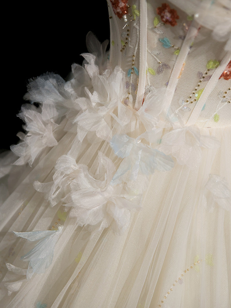 Off-Shoulder Floral Tulle Ball Gown Prom Dress with Corset Bodice