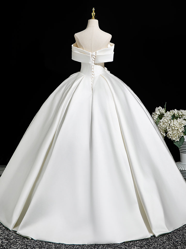 A-Line Off Shoulder Satin White Long Prom Dress, White Long Formal Dress