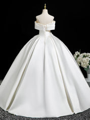 A-Line Off Shoulder Satin White Long Prom Dress, White Long Formal Dress