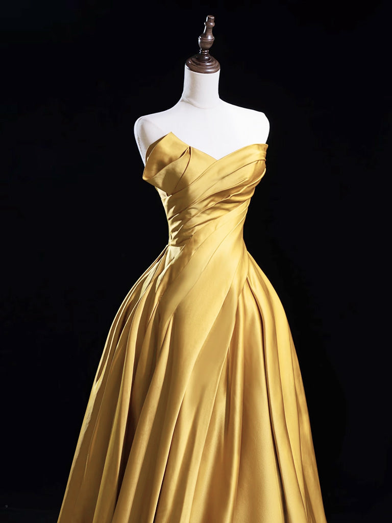 Gold A-Line Off-the-Shoulder Floor-Length Satin Prom Dress with Draped Bodice