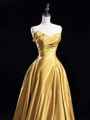 Gold A-Line Off-the-Shoulder Floor-Length Satin Prom Dress with Draped Bodice