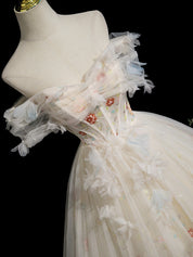 Off-Shoulder Floral Tulle Ball Gown Prom Dress with Corset Bodice
