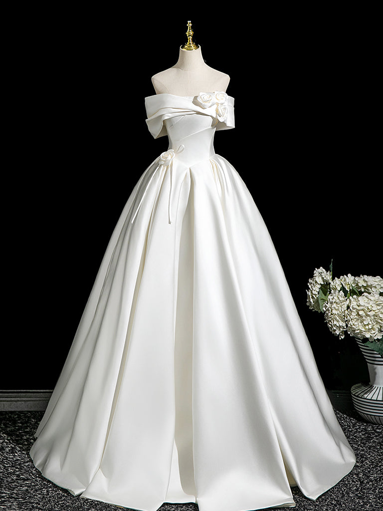 A-Line Off Shoulder Satin White Long Prom Dress, White Long Formal Dress