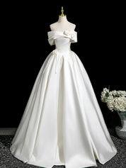 A-Line Off Shoulder Satin White Long Prom Dress, White Long Formal Dress