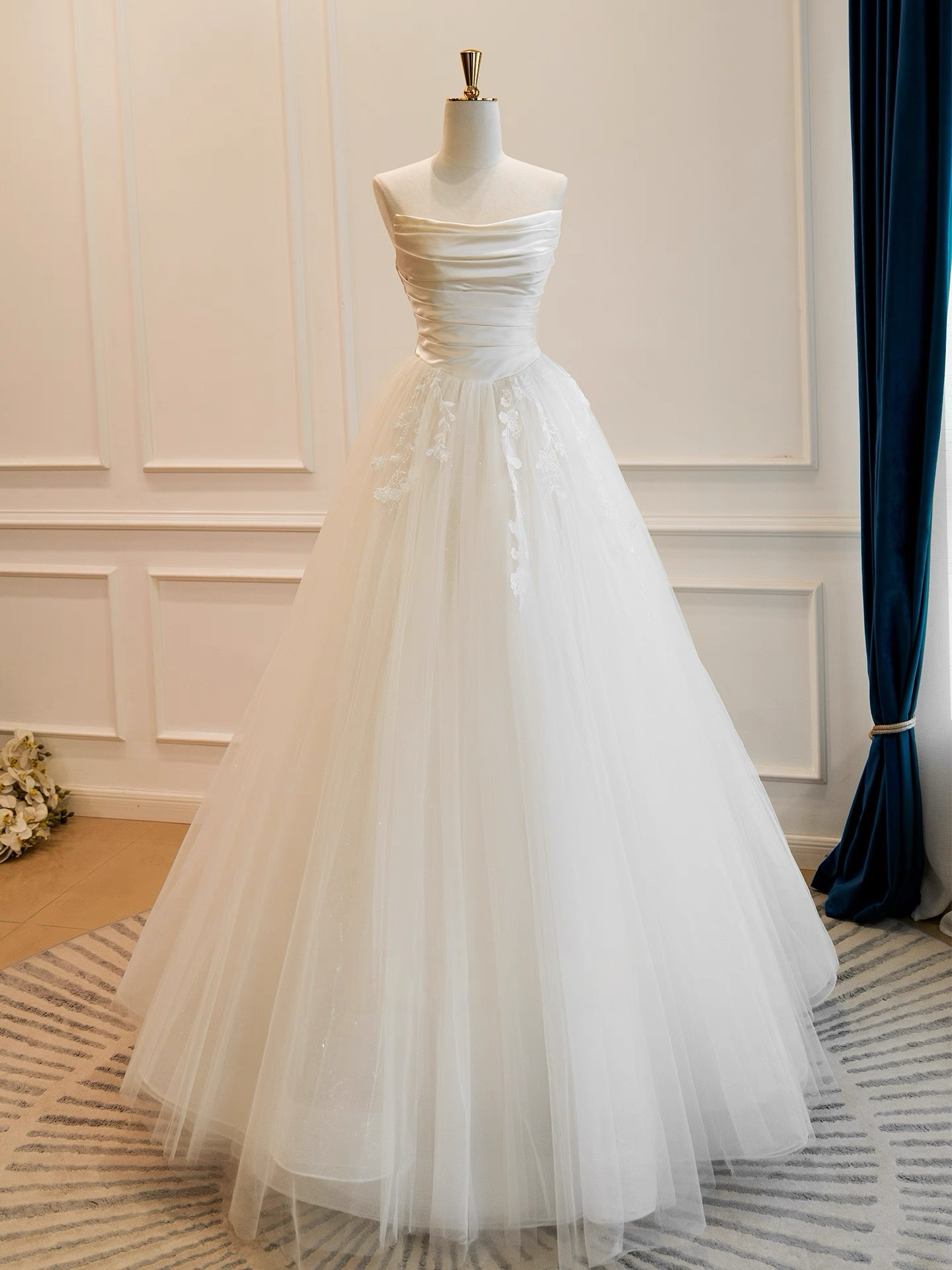 A-Line Satin & Tulle Ivory Long Prom Dress with Romantic Flowing Skirt