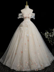 Off-Shoulder Floral Tulle Ball Gown Prom Dress with Corset Bodice
