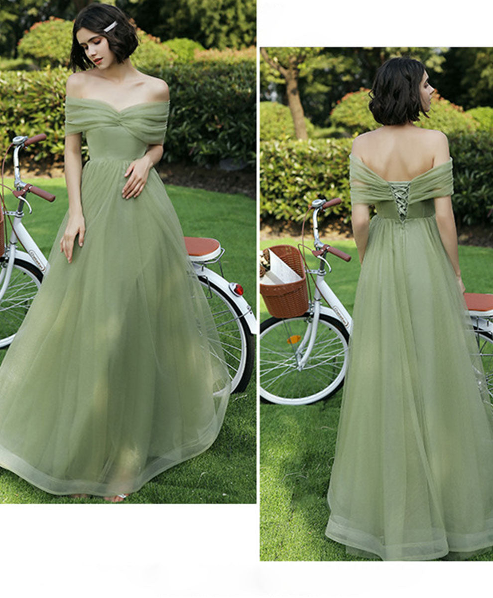 A-Line Sage Green Off-the-Shoulder Floor-Length Tulle Prom Dress with Draped Bodice