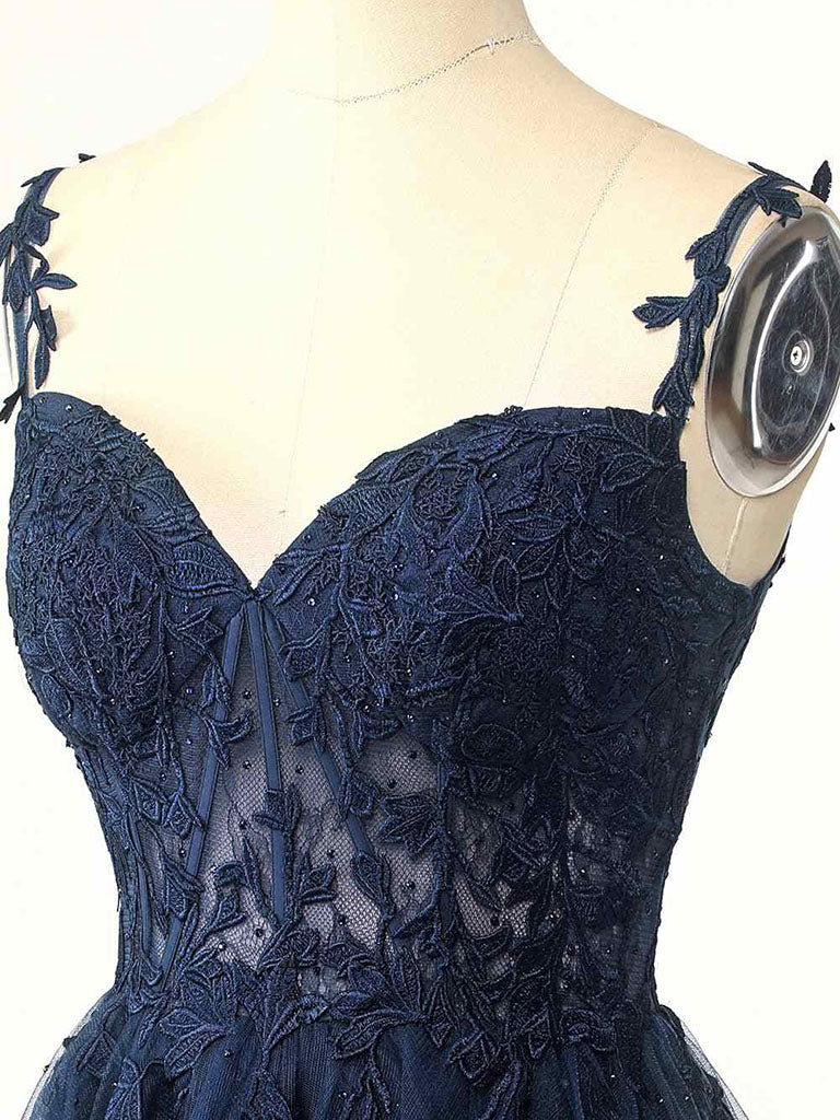 Blue A-Line Tulle Lace Short Prom Dress, Cute Blue Homecoming Dress