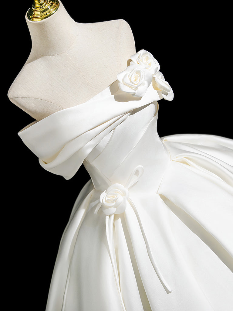 A-Line Off Shoulder Satin White Long Prom Dress, White Long Formal Dress