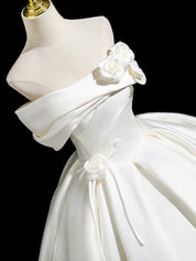 A-Line Off Shoulder Satin White Long Prom Dress, White Long Formal Dress