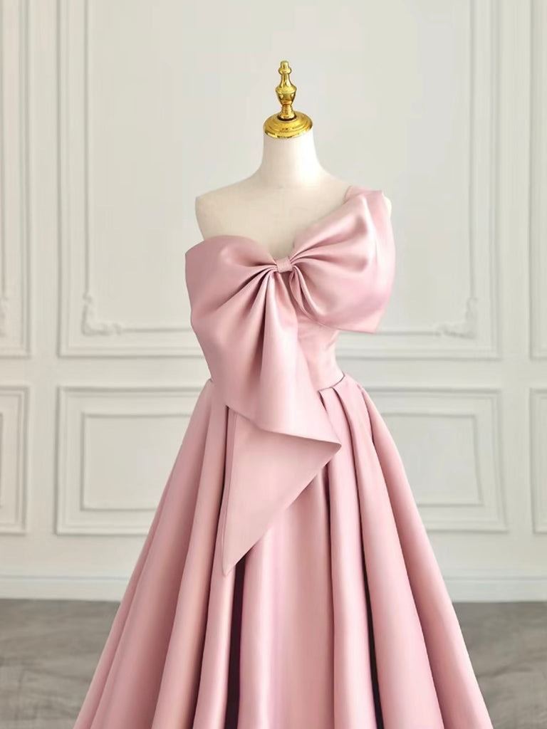 A-Line Sweetheart Neck Satin Pink Long Prom Dress, Pink Long Evening Dress