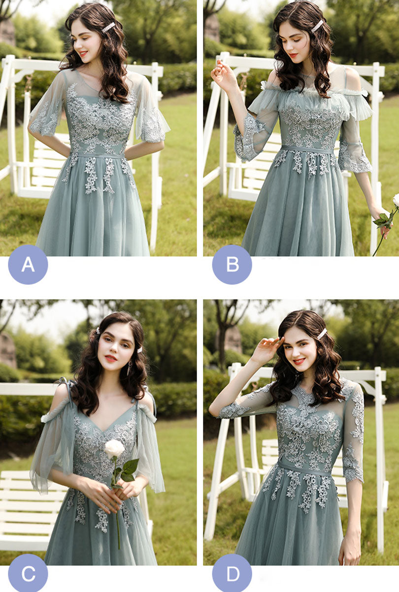 A-Line Illusion Neck Floor-Length Sage Green Tulle Lace Prom Dress with Delicate Floral Appliqué