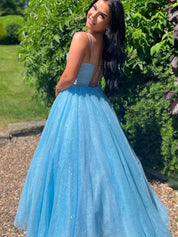 A-Line Sweetheart Neck Floor-Length Light Blue Tulle Sparkle Prom Dress