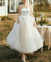 A-Line Sweetheart Neck Tea-Length Ivory Tulle Lace Homecoming Dress with Dotted Tulle Skirt