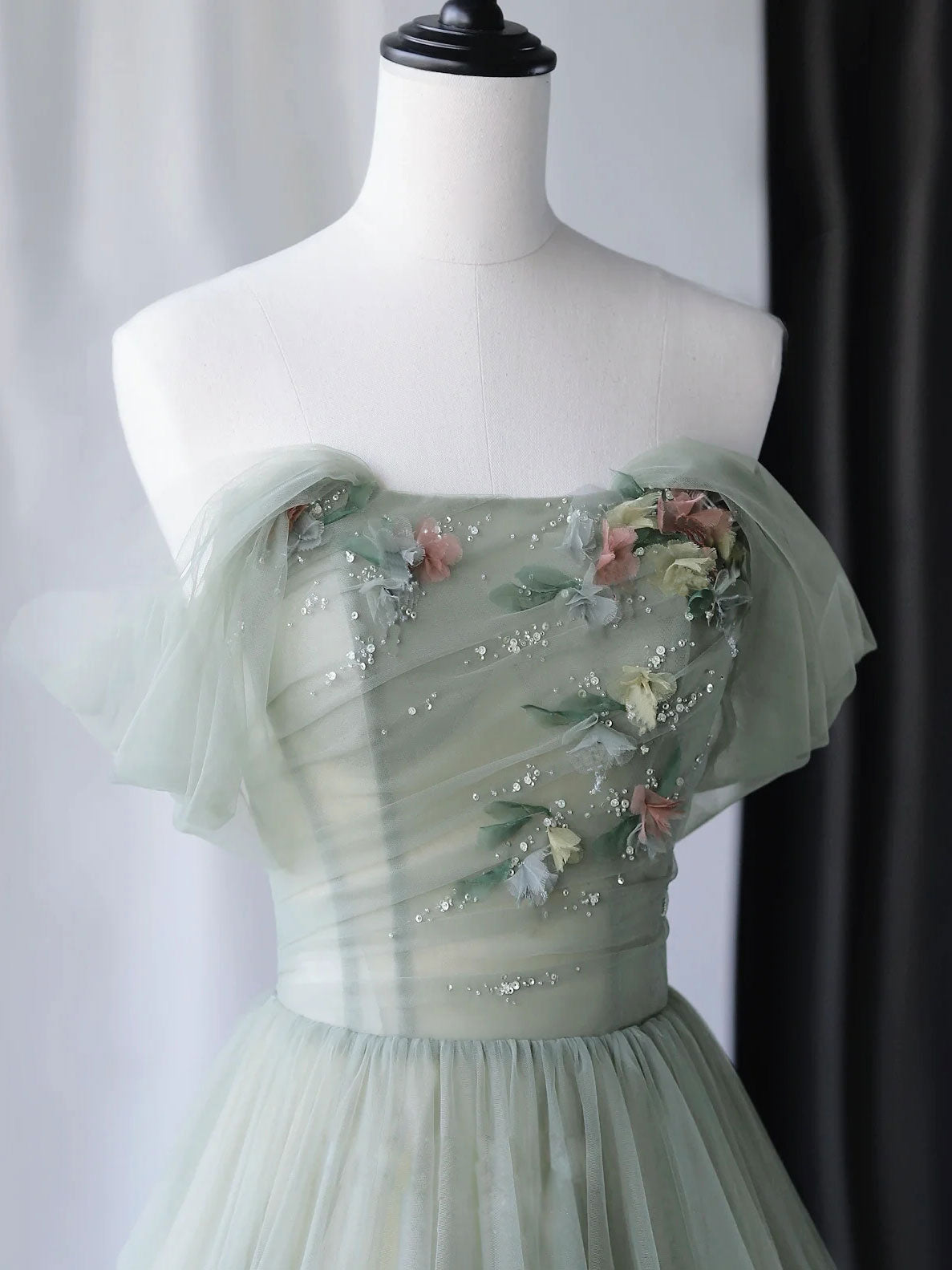A-Line Off-the-Shoulder Floor-Length Sage Green Tulle Prom Dress with Floral Appliqué Bodice