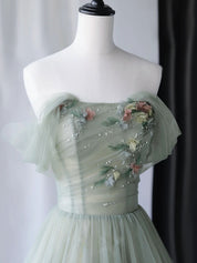 A-Line Off-the-Shoulder Floor-Length Sage Green Tulle Prom Dress with Floral Appliqué Bodice