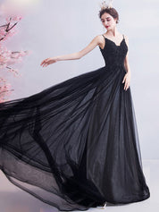 A-Line V-Neck Floor-Length Black Tulle Lace Prom Dress with Delicate Bodice Detail