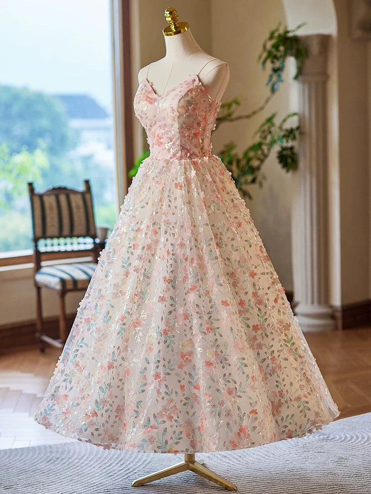 A-Line V Neck Flower Lace Tea Length Pink Prom Dress, Pink Formal Dress