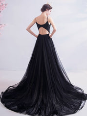 A-Line V-Neck Floor-Length Black Tulle Lace Prom Dress with Delicate Bodice Detail
