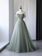 A-Line Off-the-Shoulder Floor-Length Sage Green Tulle Prom Dress with Floral Appliqué Bodice