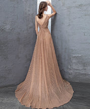 A-Line V-Neck Floor-Length Champagne Tulle Lace Prom Dress with Floral Waist Detail