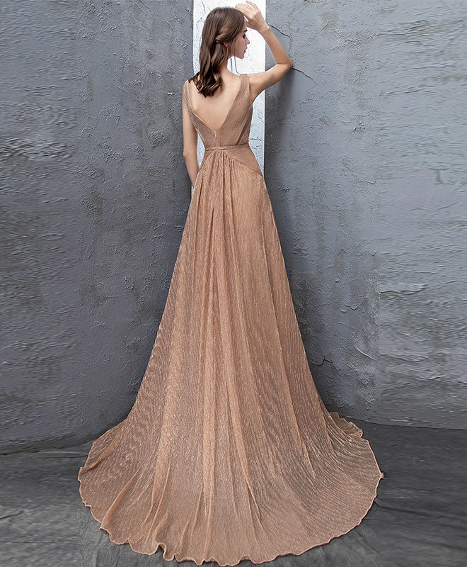 A-Line V-Neck Floor-Length Champagne Tulle Lace Prom Dress with Floral Waist Detail