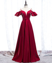 A-Line Burgundy Deep V-Neck Floor-Length Satin Prom Dress with Cold-Shoulder Ruffle Sleeves