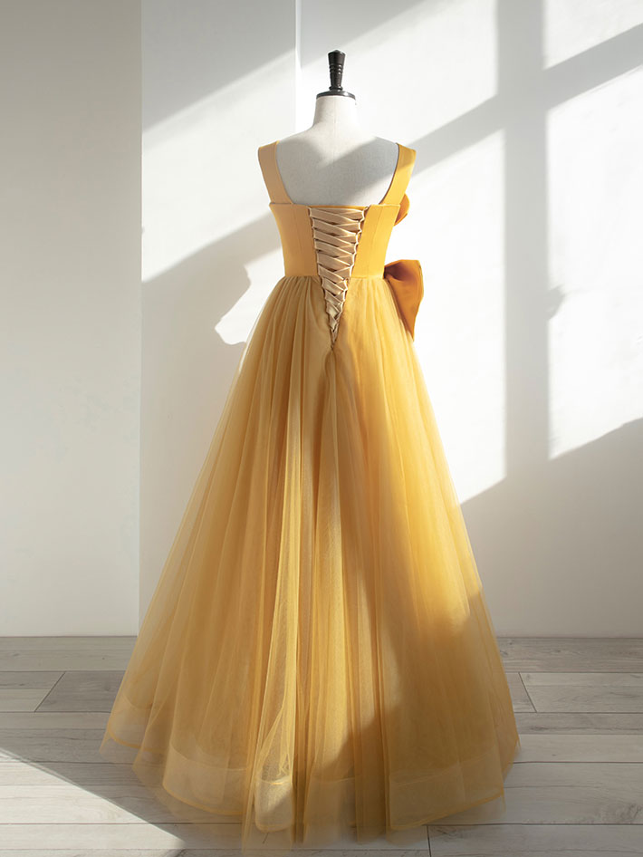 Mustard A-Line Square Neck Floor-Length Satin & Tulle Prom Dress with Oversized Bow Detail