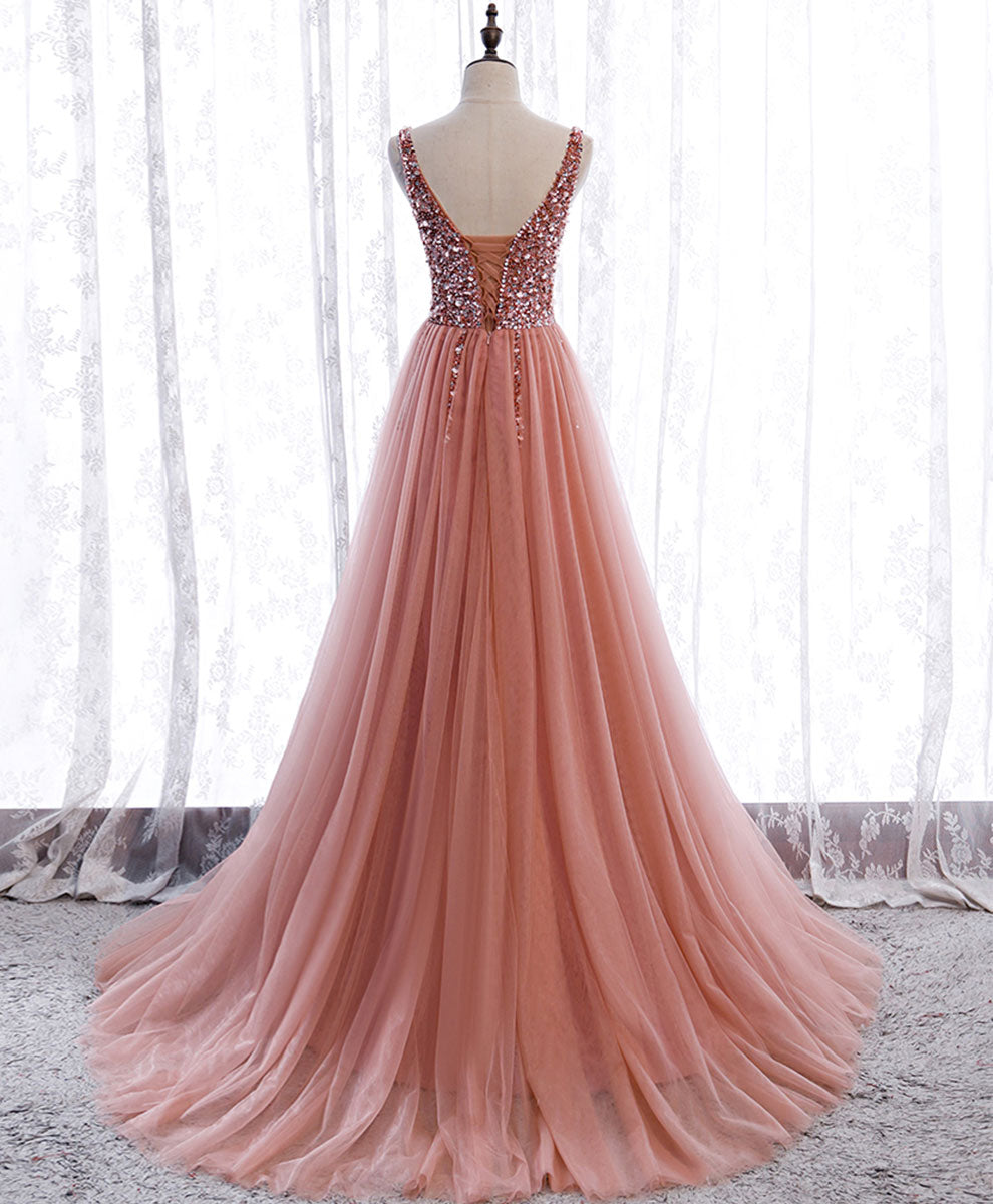 A-Line Blush Pink V-Neck Floor-Length Tulle Beaded Prom Dress with Sparkling Bodice and Front Slit