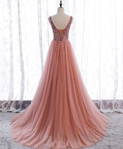 A-Line Blush Pink V-Neck Floor-Length Tulle Beaded Prom Dress with Sparkling Bodice and Front Slit
