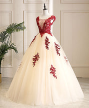 Ball Gown Ivory Illusion Neck Floor-Length Tulle Dress with Red Lace Appliqué Prom Dress