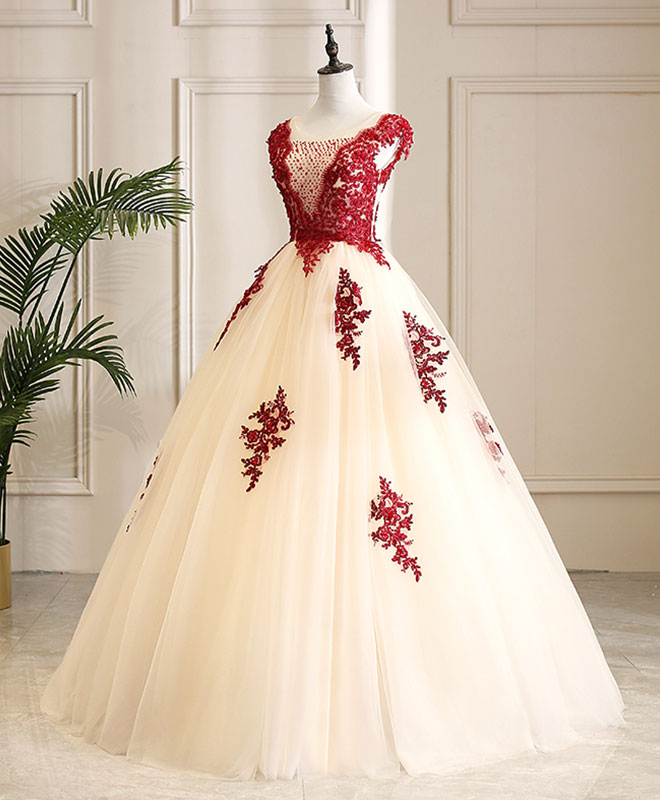 Ball Gown Ivory Illusion Neck Floor-Length Tulle Dress with Red Lace Appliqué Prom Dress